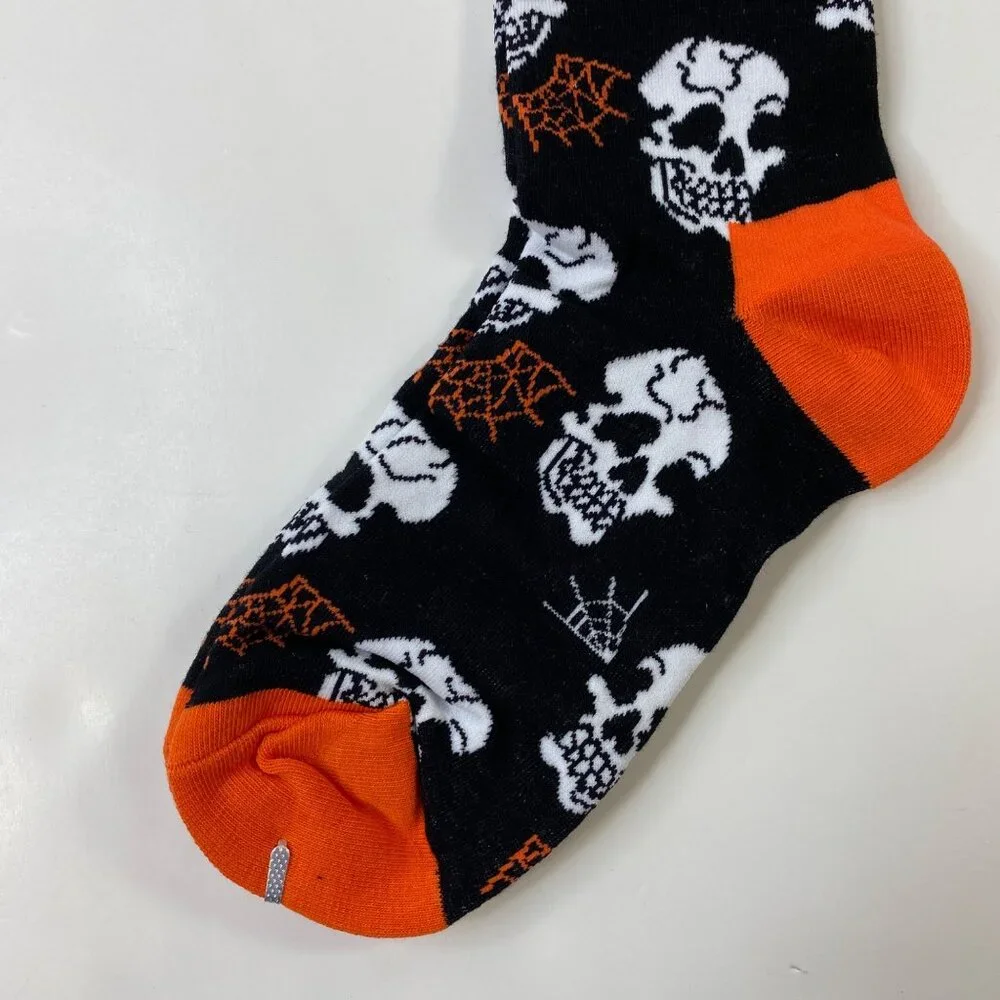 Womens Halloween Crew Socks 2-Pack Skulls Spider Webs Mummies Black Orange Blue